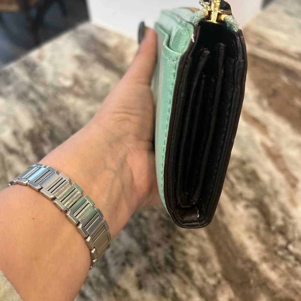Kate Spade Chelsea park mint Wallet with Bow Accents has wear stains